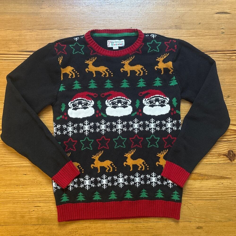 Ugly Christmas Sweater black santa holiday crew pullover sweater‎ SIZE XL